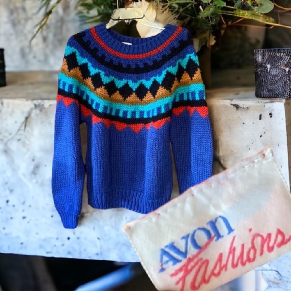 Vintage Avon Fashions Fair Isle Sweater Cobalt Blue Nordic Ski XS